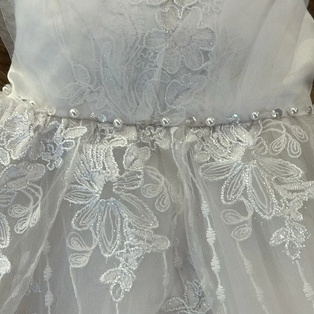 Pink butterfly asymmetrical girls white sparkle tulle floral design dress sz 2T